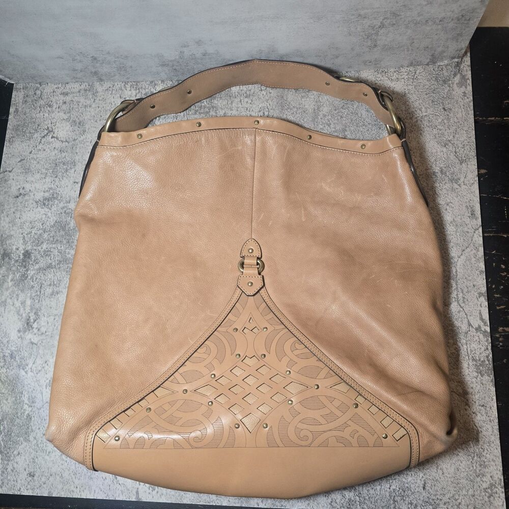 COLE HANN BROWN LEATHER HOBO BAG HANDBAG ◇ 17" X 15" SLOUCHY Tooled Buckles Read